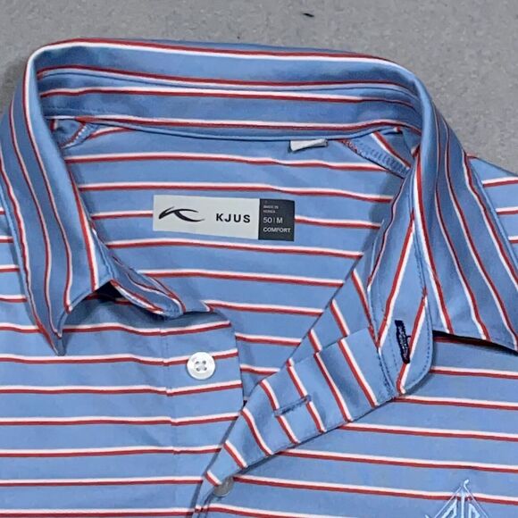KJUS Golf Polo Shirt Mens Medium 50 Blue Red Performance Athletic Striped Casual - Picture 3 of 11